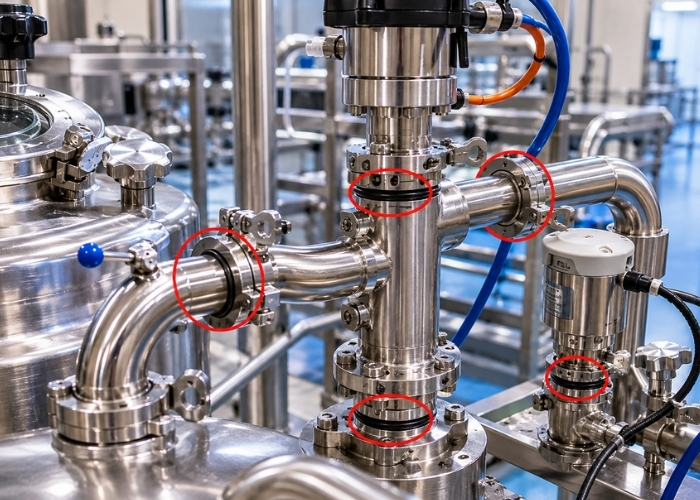 Hygiënische procesinstallatie met gemarkeerde afdichtingspunten voor food en pharma